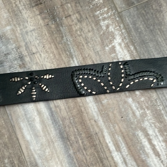 Brighton Opera black wide leather whipstitched flower belt
